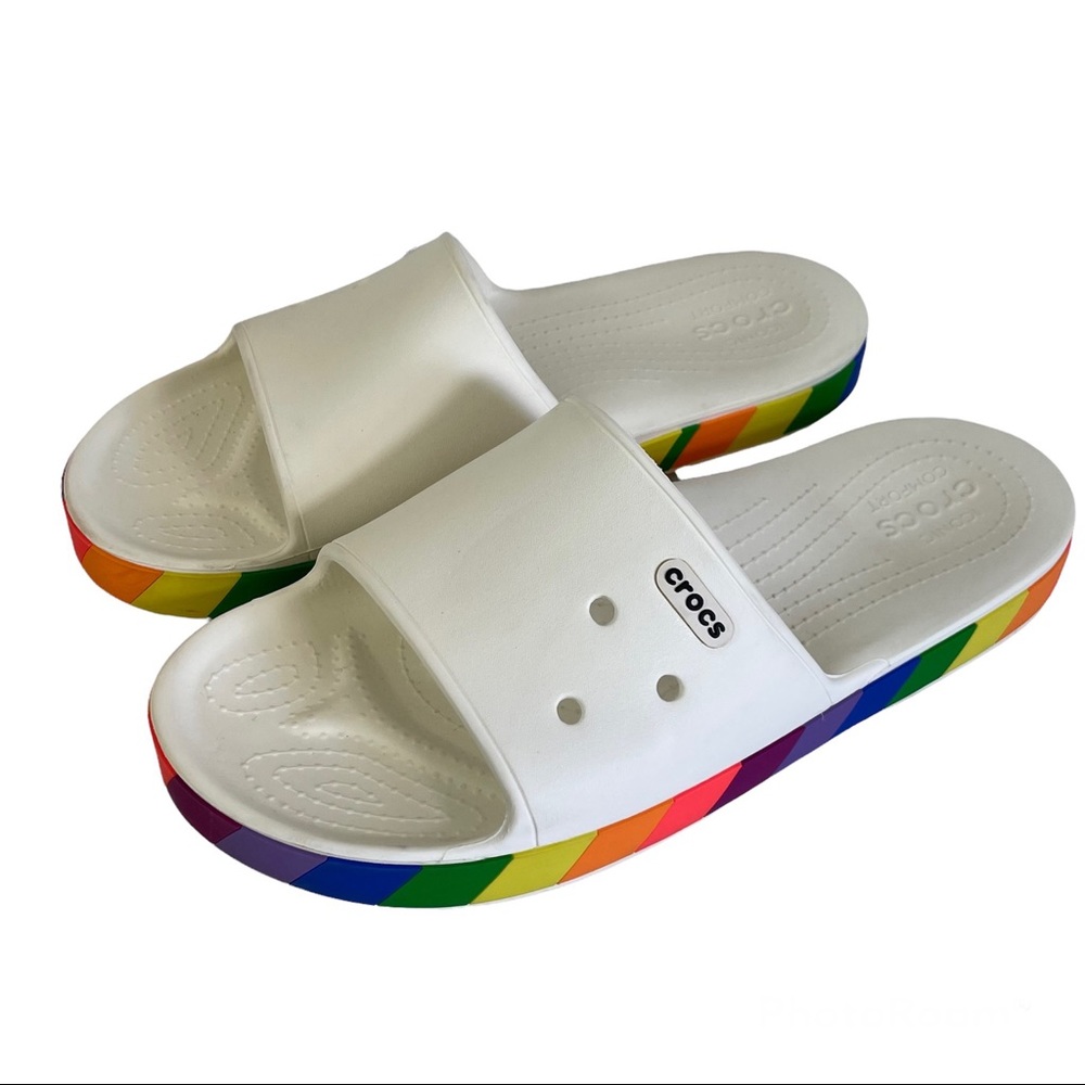 Crocs slide on sandals rainbow trim size Mens 13